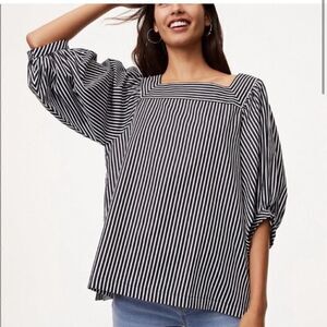 LOFT Striped Square Neck Puff Sleeve Blouse Small